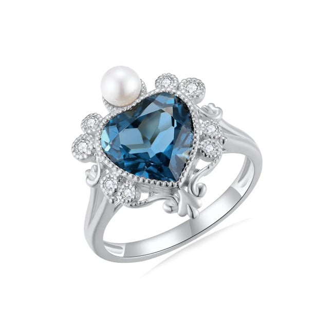Metal Kai "On My Heart" London Blue Topaz Diamond Pearl Cocktail Ring, size 9.5 For Sale - Image 7 of 12