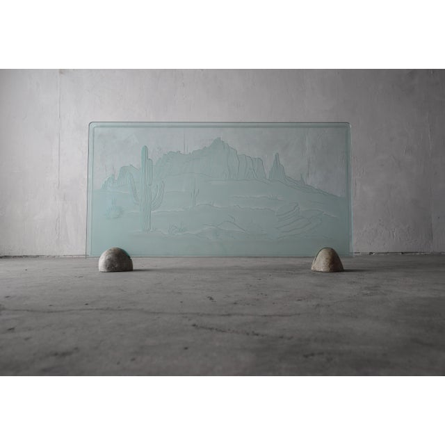 Unique etched glass fireplace screen with rock bases. Southwest desert theme. Very cool design piece. Signed D. Arnone '87...