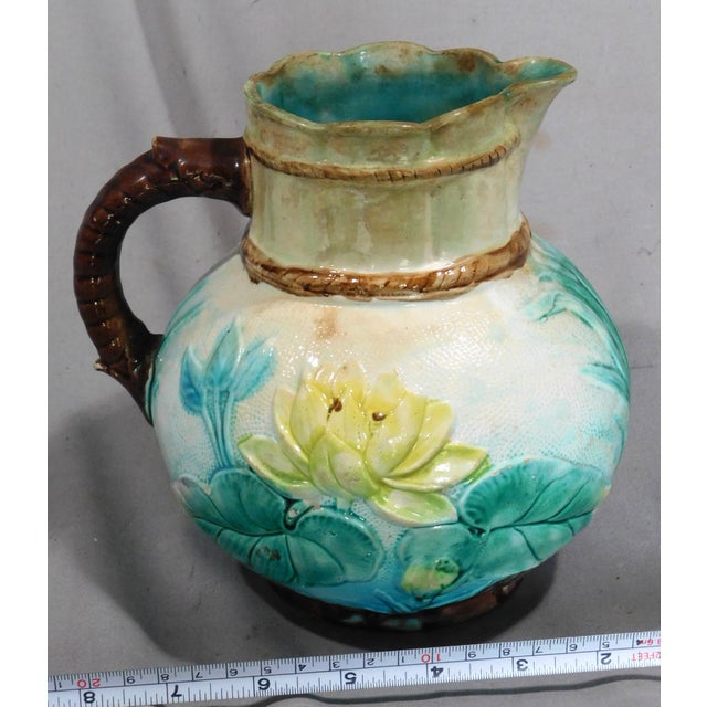 Victorian Antique Majolica Water Pitcher Samuel Lear Pond Lily Rope C 1875 Hand Painted Hanley England English Polychrome Twig Form Raised Decorations For Sale - Image 3 of 9