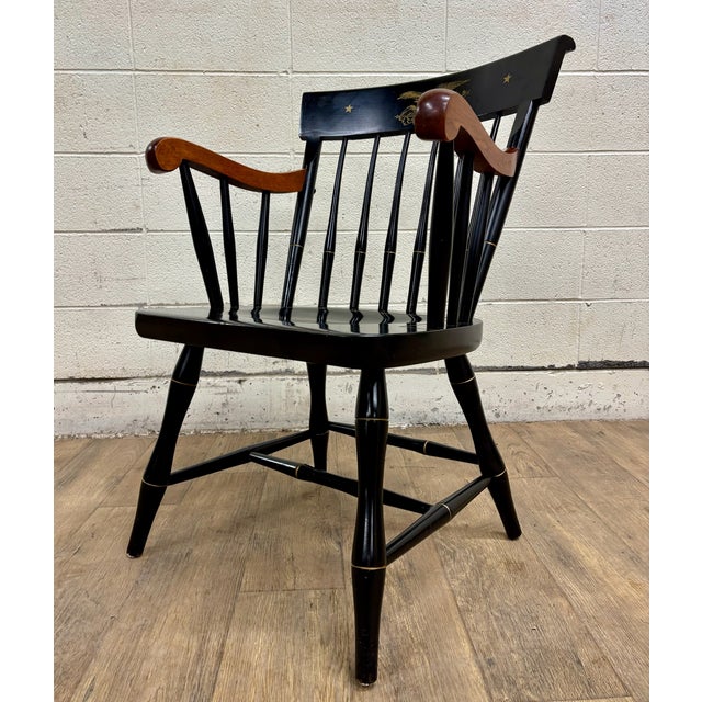 This is a gorgeous vintage Nichols & Stone Hitchcock style hand decorated black and gold comb back Windsor accent...