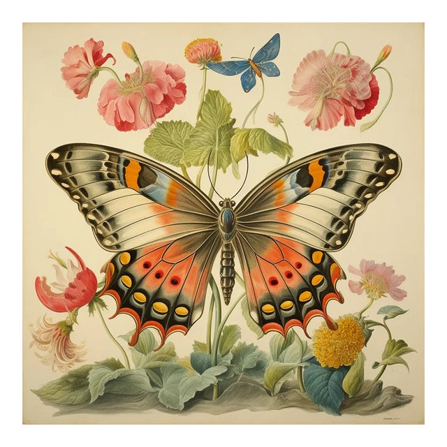 18' X 18' 'Butterfly and Flowers' Fine Art Print For Sale