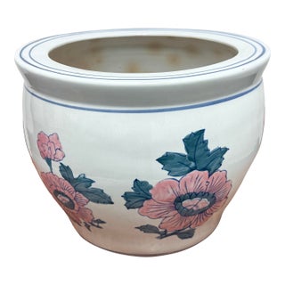 Vintage Chinoiserie Ceramic + Peony Pink Motif Planter For Sale
