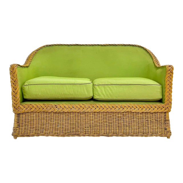 Green Upholstered Rattan Loveseat For Sale
