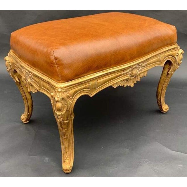 Pair of Italian Gilt-Wood Benches With Brown Leather Upholstery, 20th Century. For Sale - Image 4 of 9