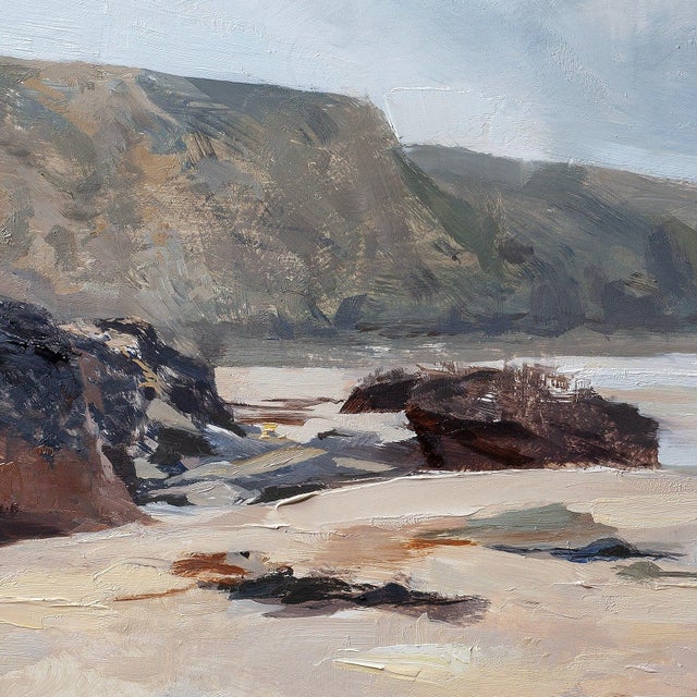 Wood Contemporary Amidst the Rocks and Reflections by Jon Doran | Oil on Panel Cornish Beach at Low Tide For Sale - Image 7 of 10