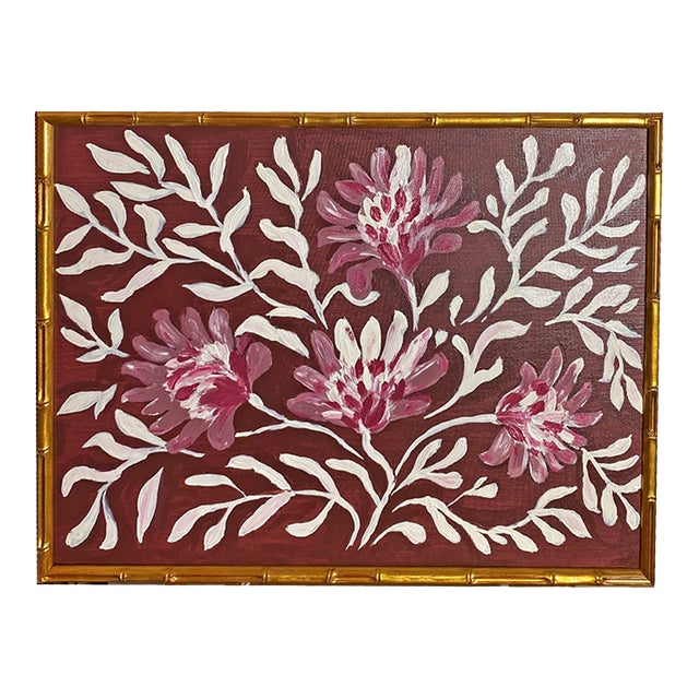 Original Floral Painting — Acrylic on Canvas Board, Framed 18.75×24.75 in Gilded Bamboo Frame, Botanical Wall Art by Tatiana Duperault For Sale