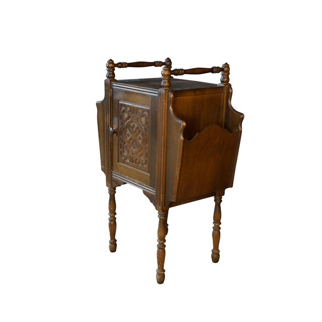 Art Deco Antique Art Deco Walnut Carved Smoking Stand Tin Lined Humidor Magazine Rack For Sale - Image 3 of 16