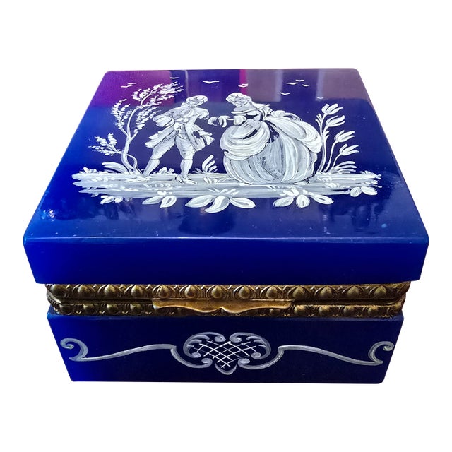 1910s Antique Blue Opaline Jewel Box With Enamel Love Scene For Sale