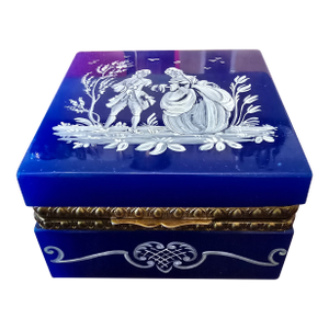 1910s Antique Blue Opaline Jewel Box With Enamel Love Scene