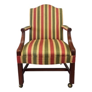 Hekman Mahogany Regency Style Library Armchair With Brass Casters & Striped Upholstery For Sale