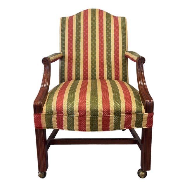 Hekman Mahogany Regency Style Library Armchair With Brass Casters & Striped Upholstery For Sale