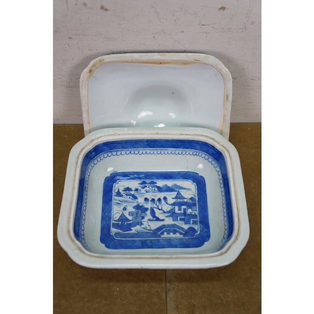 Antique Chinese Export Canton Blue White Serving Platter & Vegetable Tureens - Set of 3 For Sale - Image 12 of 18