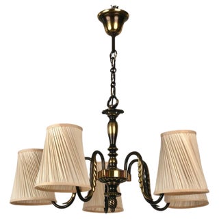 Austrian Brass Chandelier with Five Silk Shades attributed to J.T. Kalmar, 1935 For Sale