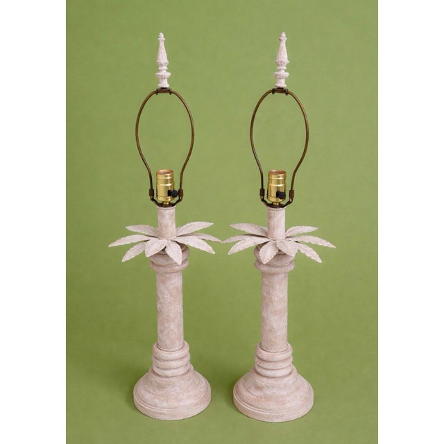 Rustic European Vintage Italian Tole Palm Tree Lamps Coastal Style - a Pair For Sale - Image 3 of 7