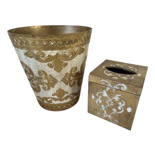 Florentia Italy Gold Wastebasket and Tissue Box Holder - A Set For Sale