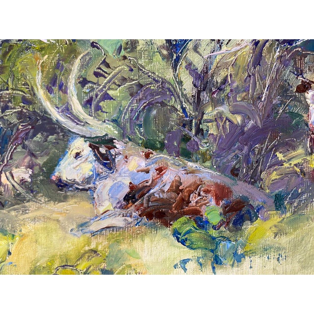 "Afternoon Shade"~ Lorie Batson, Original Oil Painting. A Sunlit Scene That Depicts Cows Resting Under Mesquite Trees in Texas. For Sale - Image 4 of 13