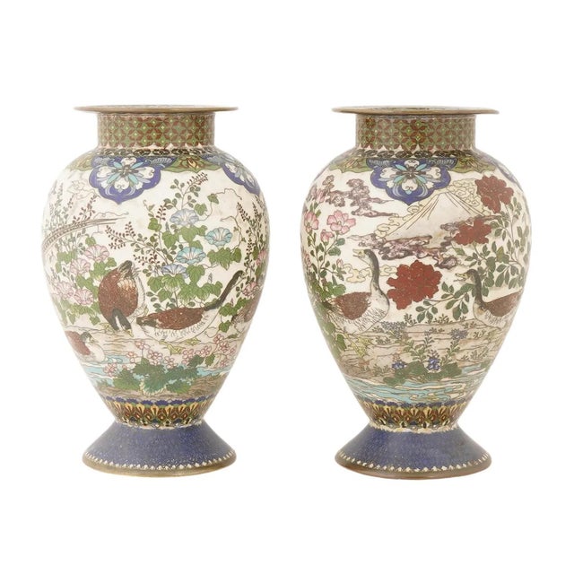 Japanese Pair of Meiji Japanese Cloisonne Enamel Vases With Ducks and Floral Scenes For Sale - Image 3 of 8