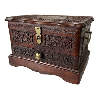 Vintage Hand Carved Imported Mahogany With Brass Inlay Jewelry Box For Sale