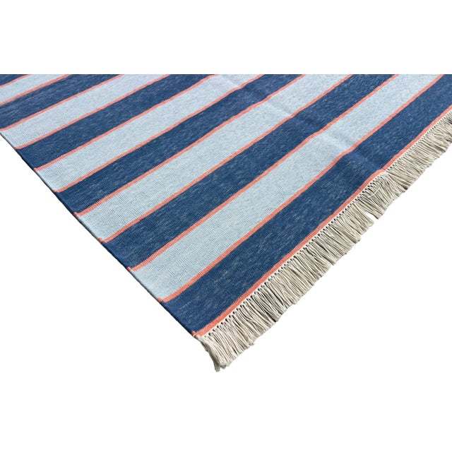 Handmade Cotton Area Rug, Vegetable Dyed, Blue and Orange Striped Dhurrie -6'x9' For Sale - Image 6 of 13