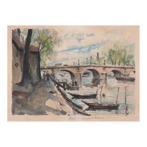 1950s Pierre Eugene Cambier Seine River Bridge Paris Watercolor