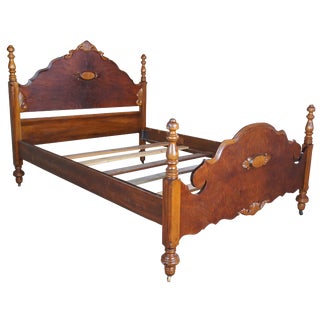Victorian Walnut Burl Carved Full Size Double Bed For Sale