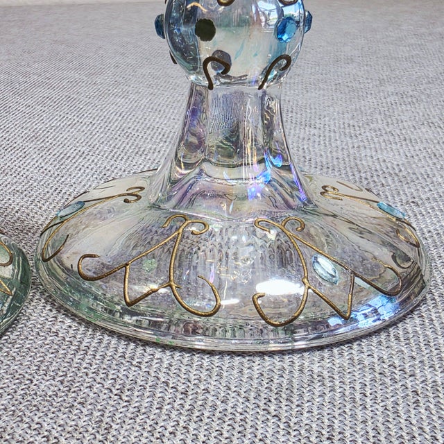 Pair of Antique Bohemian Art Nouveau Iridescent Glass Candlesticks With Gold Enamel Scrollwork For Sale - Image 4 of 12