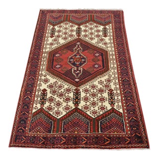 Vintage Tribal Rug 4′ X 6′ Ivory Wool Geometric Hand-Knotted Oriental Carpet For Sale