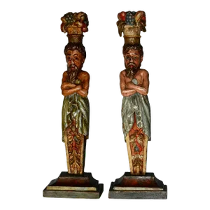 Antique Pair of Carved & Painted Wood Venetian Style Architectural Figures