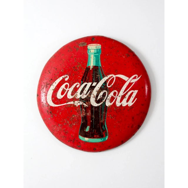 Mid-Century Modern Vintage Coca-Cola Metal Button Sign For Sale - Image 3 of 9