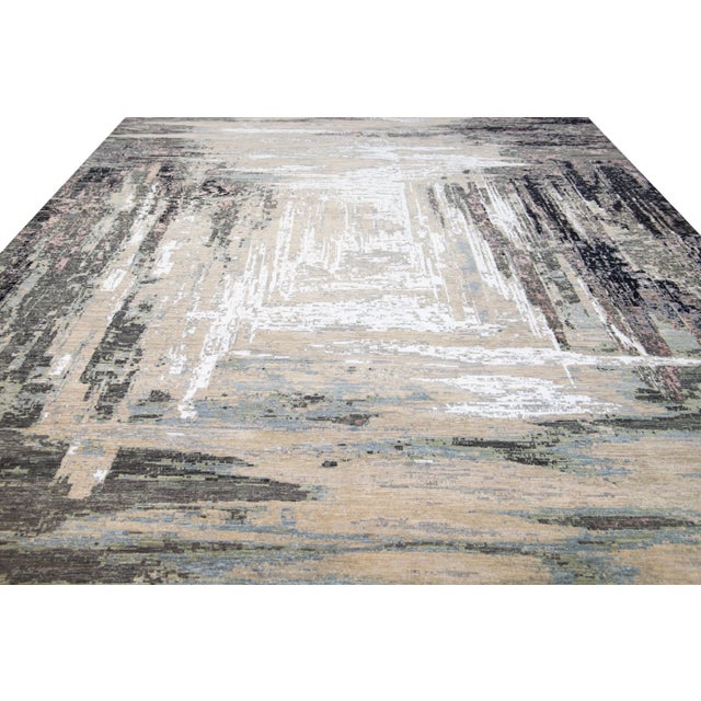 Indian Modern Indian Abstract Beige and Gray Handmade Wool and Silk Rug For Sale - Image 3 of 10