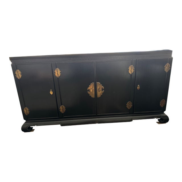Authenticated Vintage American of Martinsville Black Lacquer Asian Credenza Buffet For Sale