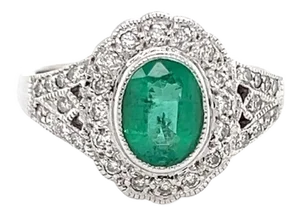 Diamond & Emerald 14k White Gold Oval Cocktail Ring - Size 4
