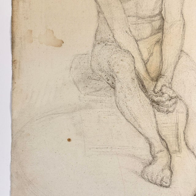 19th Century Antique French Realist Male Figurative Study (Charcoal on Woven Cream Paper) For Sale - Image 5 of 7