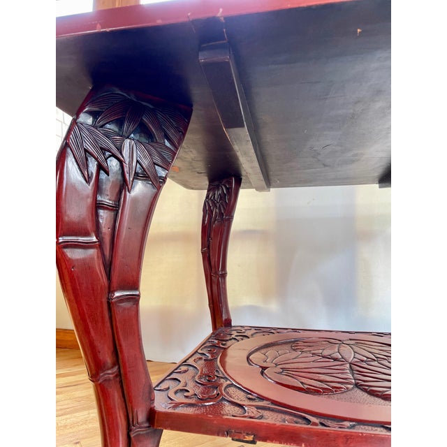 1900s Chinoiserie Style Lacquer Hand Carved Two Tier Table With Bamboo and Lotus Motifs in the Style of Liberty - For Sale In Monterey, CA - Image 6 of 11