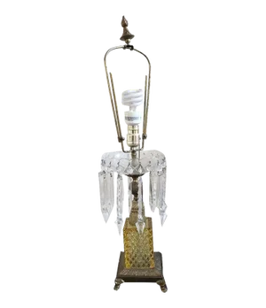1930s Solid Brass Glass Cut and Lead Crystal Arrow Pendulums Table Lamp