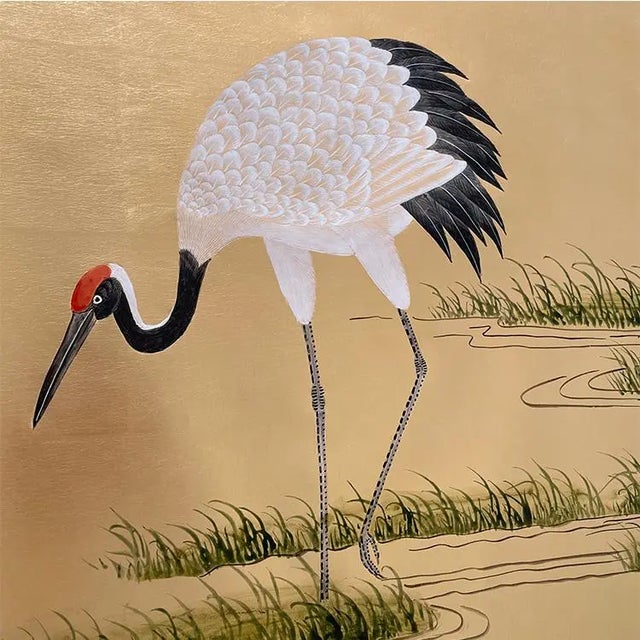 Cranes Mural Hand Painted Artworks Wallpaper on Gold Leaf - 4 Panels For Sale - Image 4 of 6