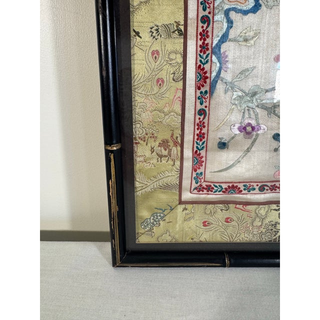 Mid 20th Century Asian Chinoiserie Framed Faux Bamboo Embroidery Silk Textile Art For Sale - Image 5 of 12