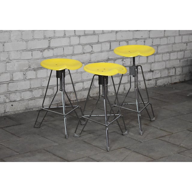 Clipper bar stools designed in 1990 by Yasu Sasamoto and manufactured by Dulton, Japan. Painted metal seats and chromed...