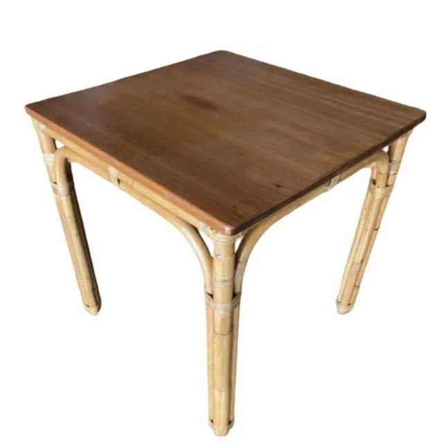 Wood Restored Rattan Sapele Ribbon Mahogany Square Dining Table With Stacked Rattan Chairs For Sale - Image 7 of 8