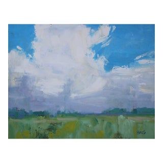 Contemporary Landscape Oil – Dramatic Sky Over Soft Green Meadow For Sale