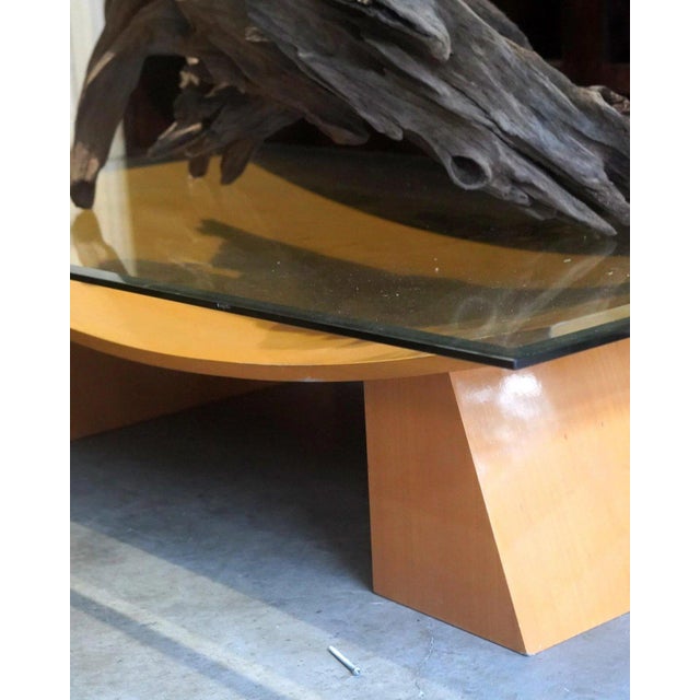 1970s Vintage Italian Glass-Wood CoffeeTable | Postmodern 1970s Style | Sculptural Tempered Glass For Sale - Image 5 of 6