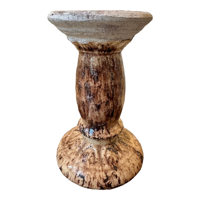 Vintage 7” French Glazed Terracotta Pillar Candleholder For Sale