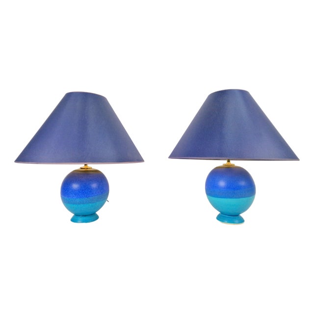 Vintage Blue Ceramic Sphere Table Lamps, 1970s, Set of 2 For Sale
