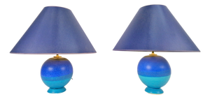 Vintage Blue Ceramic Sphere Table Lamps, 1970s, Set of 2