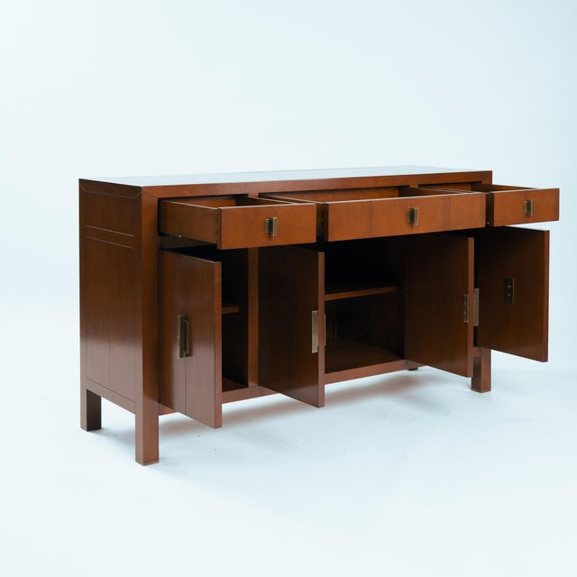 Wood Transitional Cherry Wood Sideboard with Brass Geometric Hardware, 1980s For Sale - Image 7 of 18
