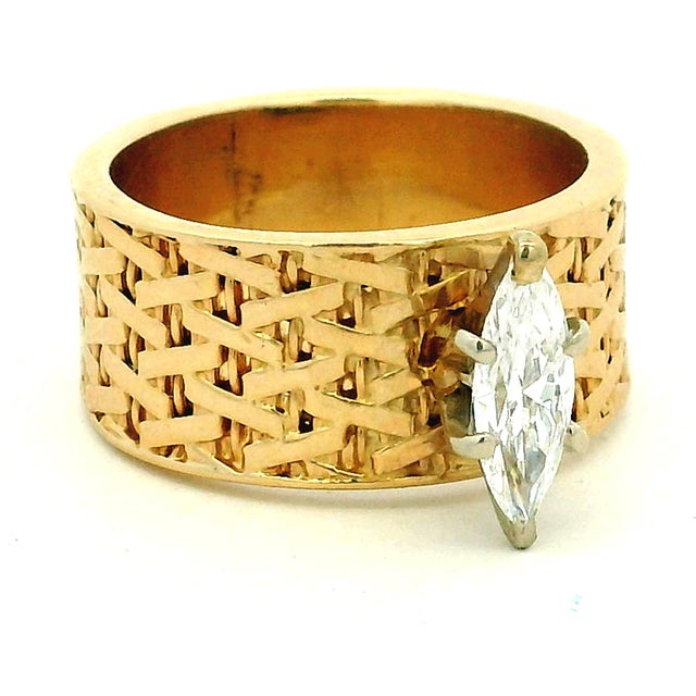1970s FJG 14k Gold Basket-Weave Ring With Marquise Diamond, Size 5 For Sale - Image 12 of 14