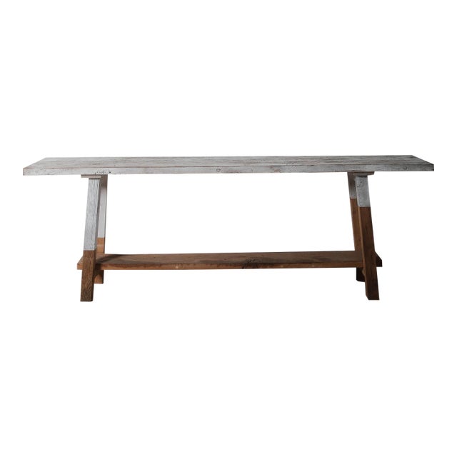 Rustic Vintage Console Table With Distressed Whitewashed Finish For Sale