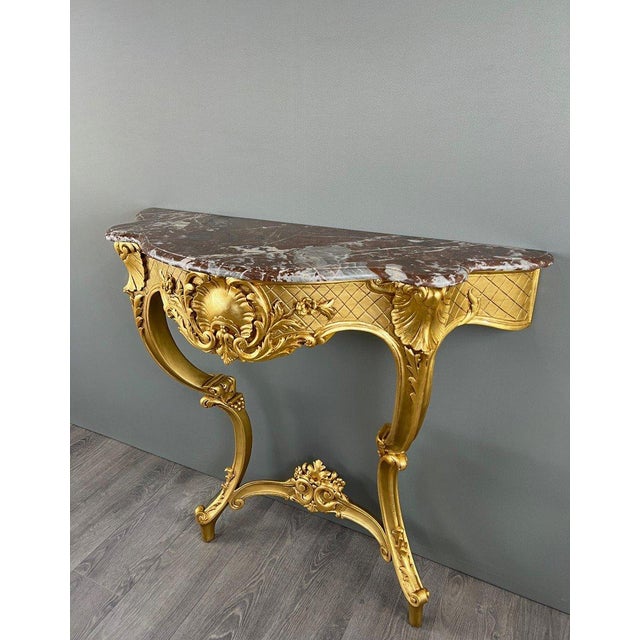 Gold 19th Century Louis XV Wall Console in Gilded Wood and Marble For Sale - Image 8 of 8