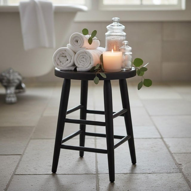 Handcrafted primitive farmhouse stool with a timeworn black painted finish and classic round seat. Similar stools were...