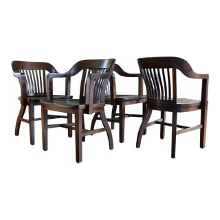 1950s Set of 4 Mid Century Walnut Bankers Chairs For Sale